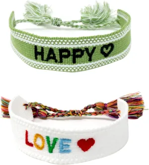yueton 2PCS Hand Woven Hand Rope Embroidered Letter Bracelet Bohemian Tassel Bracelet Friendship Wristband Handwoven Cotton Bracelet for Women Men Couple