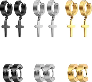 YUNXI 6 Pairs of Punk Cross Earrings Dangle Hinged Earrings Stainless Steel Cross Hoop Stud Earrings for Men and Women Wearing