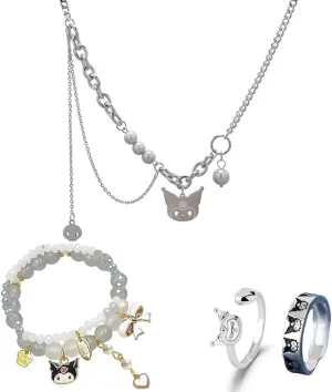 Yuoos Kawaii Pearl Necklace Set Stainless Steel Adjustable Open Silver KT Y2K Finger Ring Gyaru Anime Stunning Bracelets 90s Chain Necklace for Women